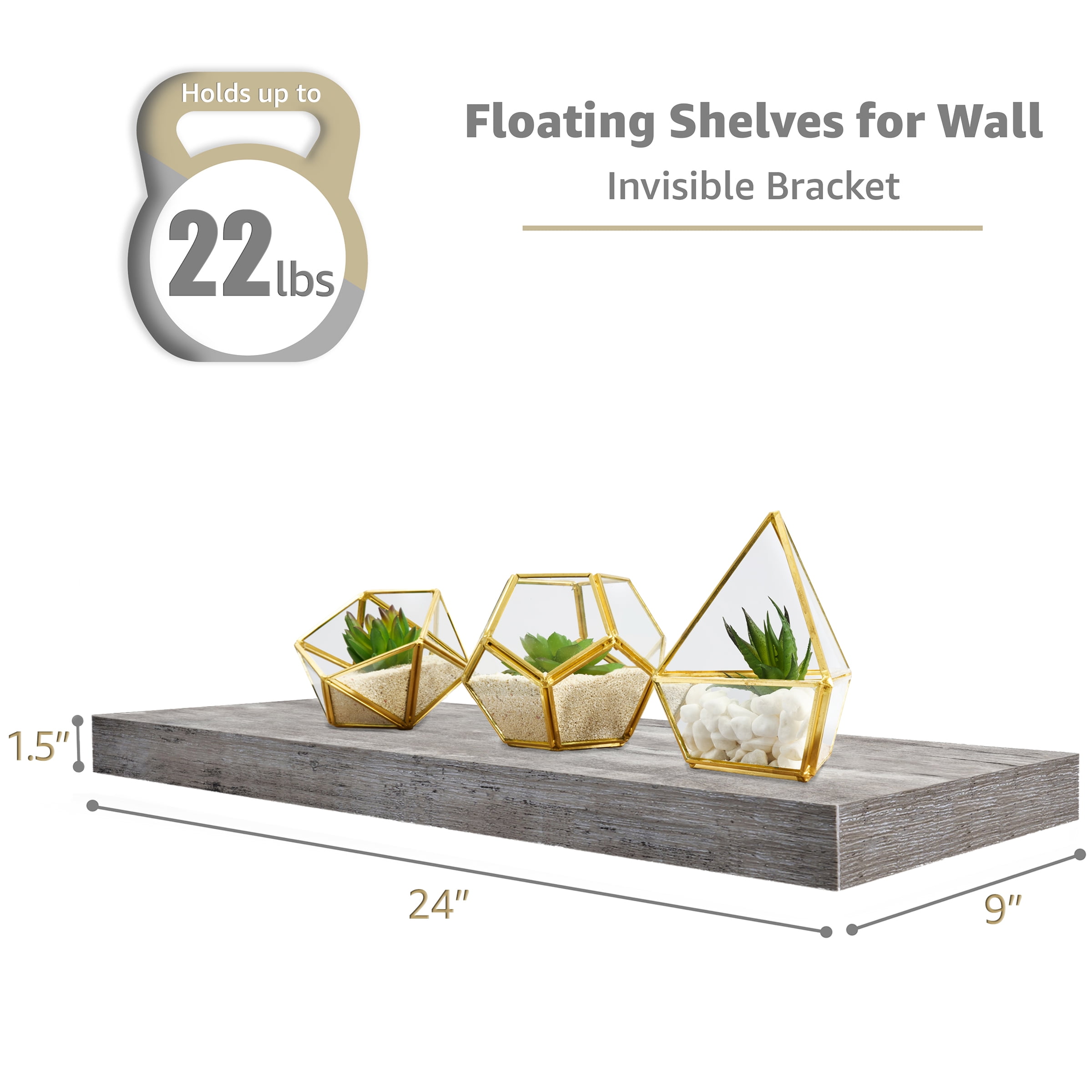 Sorbus Wall Mounted Floating Shelves for Wall Décor - Large 24 Inch, 3 Pack, Gray