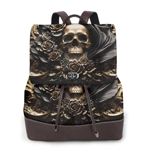 Kuqiui Gold Rose Skull Print Leather Backpack Purse For Women Fashion Ladies Vintage Bags Casual College Travel Backpacks bag