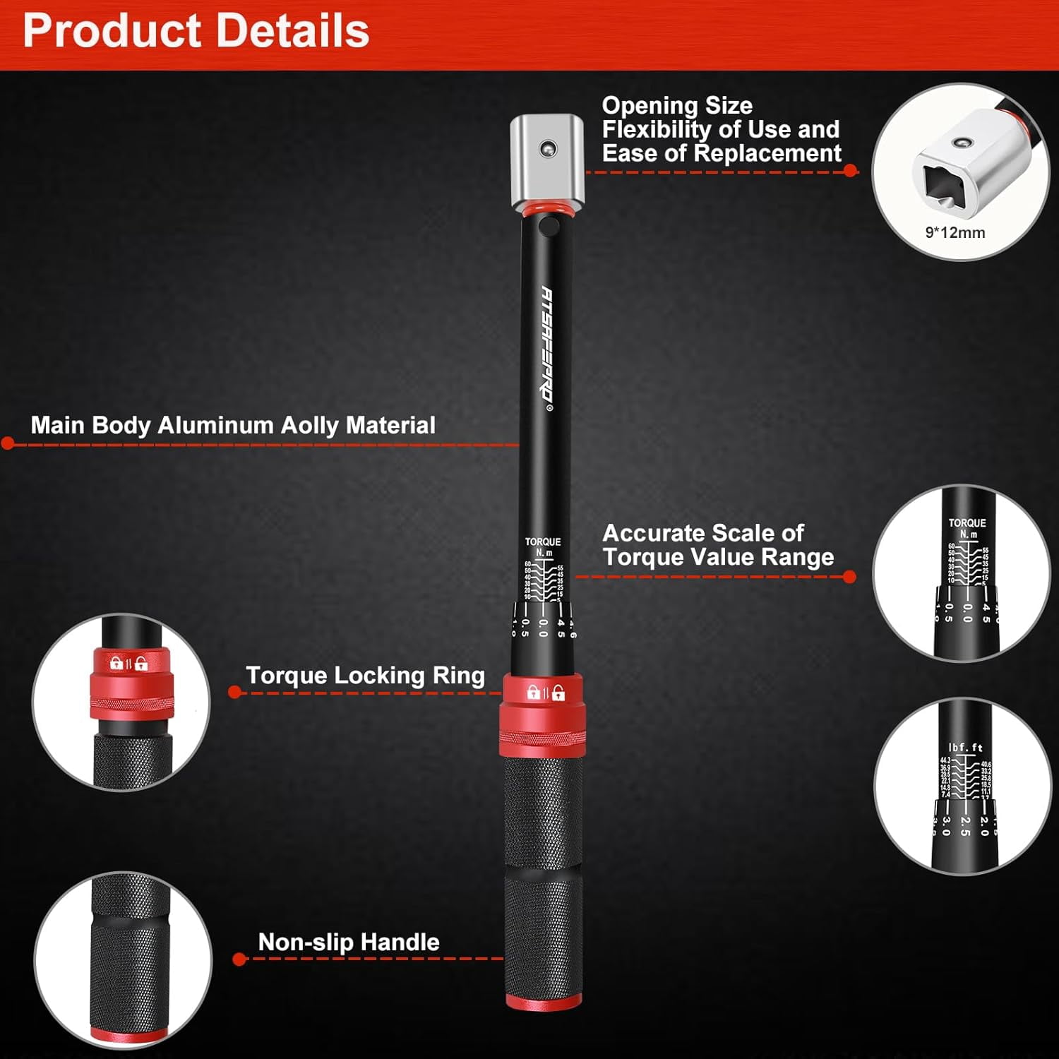 ATsafepro Adjustable Torque Wrench 5-60 Nm, 9×12mm Open End Torque Wrench, Interchangeable Torque Wrench for HVAC Mini Split,Refrigeration System,Bike Motorcycle and Car Maintenance