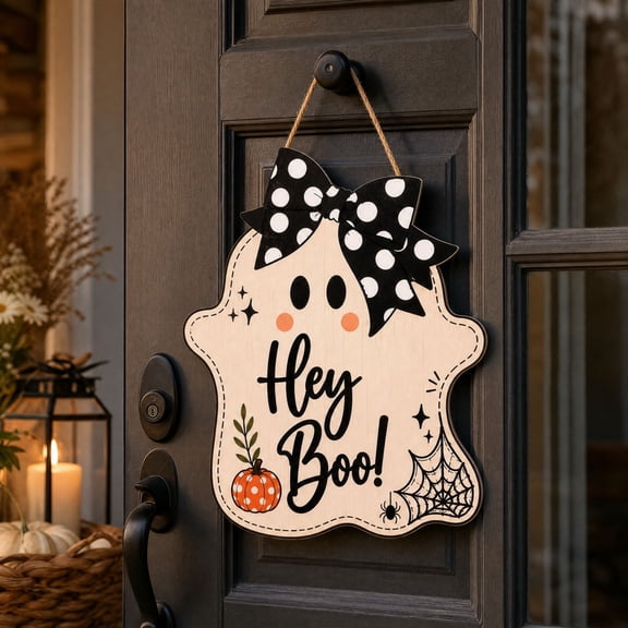Halloween Ghost Wooden Door Hanger, Hey Boo Sign with Polka Dot Bow, Front Door Wall Hanging Decor