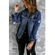 thumbnail image 3 of ABPHQTO Chaqueta vaquera desgastada con botones y dobladillo sin rematar con solapa azul de mujer, 3 of 5