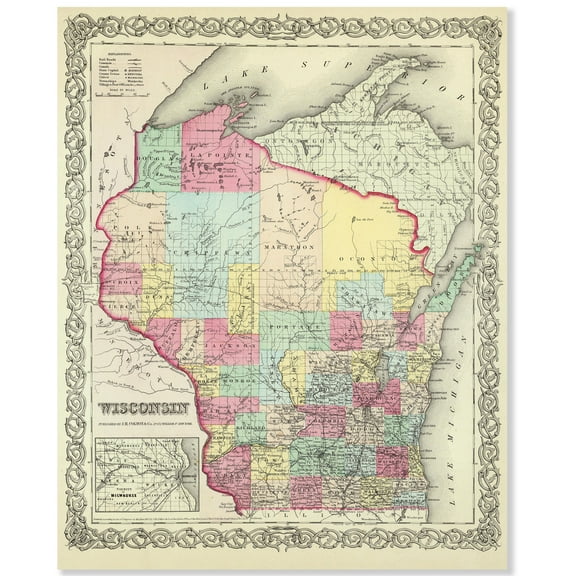 Wisconsin 1855 Vintage Map 11x14 Unframed Print–Antique Cartography Poster Reproduction Counties Rivers Railroads Towns Historical Wall Art Rustic Badger State Décor for Home Office Library Classroom