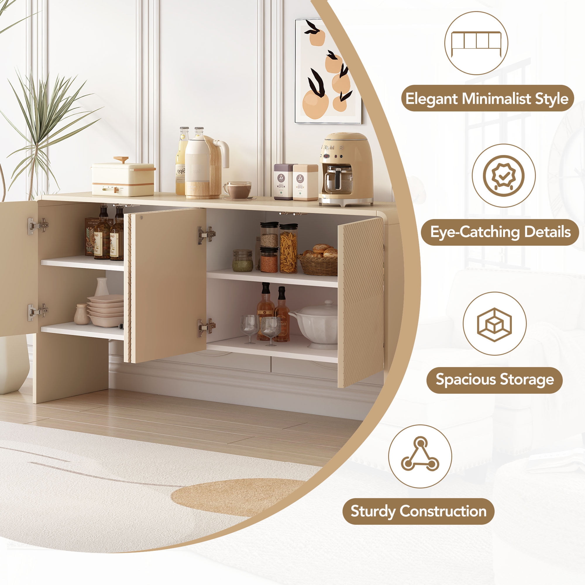 Kadyn 60"L Large Storage Space Sideboard, Sideboard Buffet Cabinet with 4 Doors, Floor Storage Cabinet for Living Room, Apricot Cream Kadyn 60"L Large Storage Space Sideboard, Sideboard Buffet Cabinet with 4 Doors, Floor Storage Cabinet for Living Room, Apricot Cream