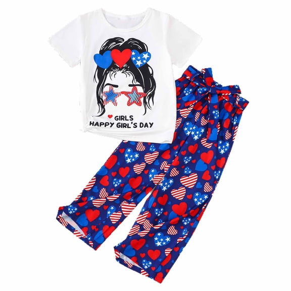 Toddler Kids Summer Two-Piece Outfit Girl Graphic Short Sleeve T Shirt Love Heart Print Pant Casual Clothing Set Size 12-24 Months