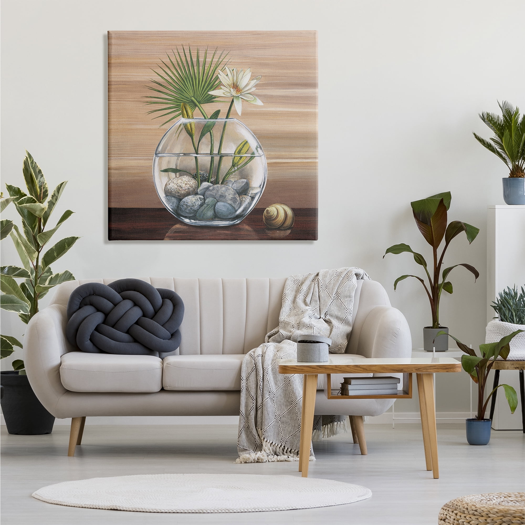 Stupell Industries Lotus and Palm Plant in Rock Vase Still-Life, 36 x 36, Designed by Yuki Ross