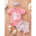 thumbnail image 2 of Franhais Toddlers Girl Summer 3Pcs Suit, Letters Print Short Sleeve Tops + Floral Printed Flared Trousers/Ruffled Shorts + Bow Hairband, 2 of 9