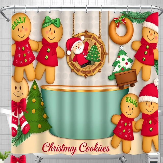 Charming Christmas Shower Curtain with Gingerbread Men Santa and Festive Wreath - Perfect Holiday Decor