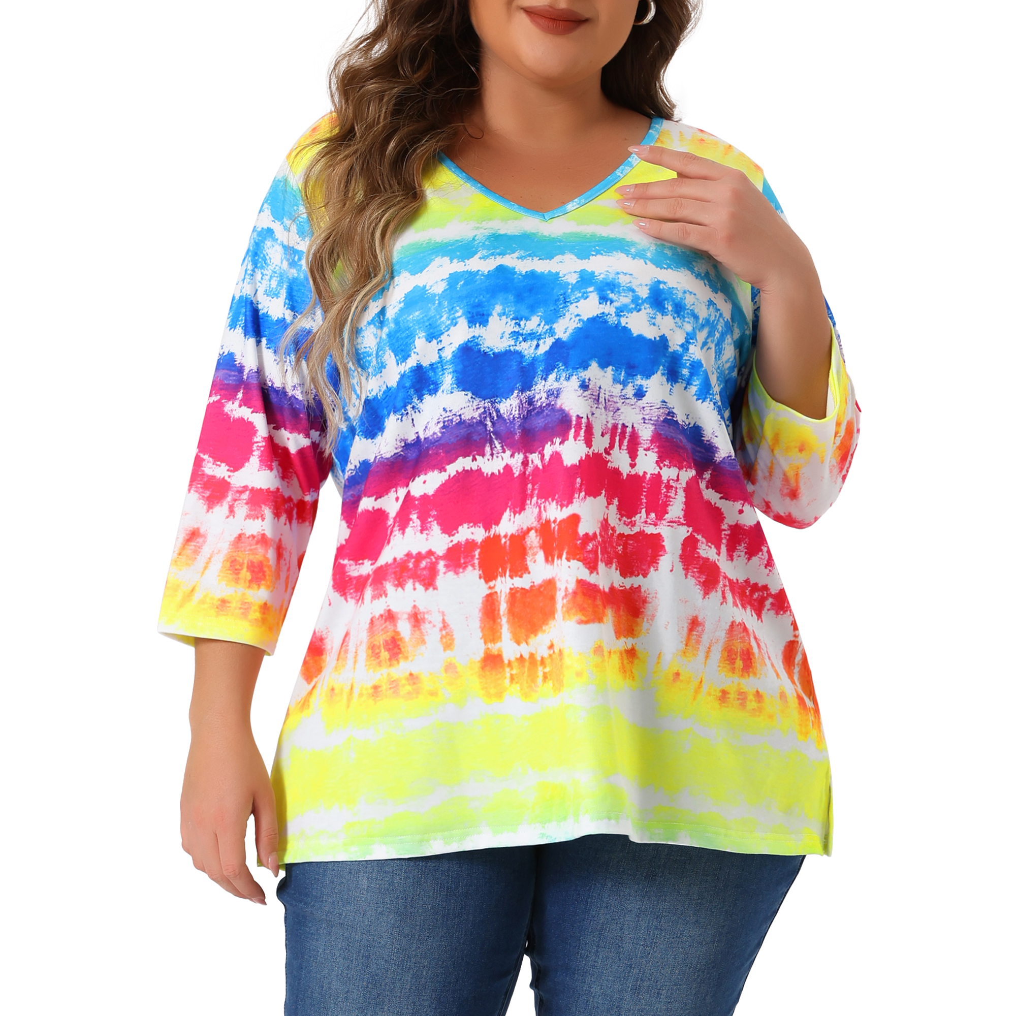 Unique Bargains Women's Plus Size V Neck 3/4 Sleeve Striped Tie Dye Blouse 1X Rainbow