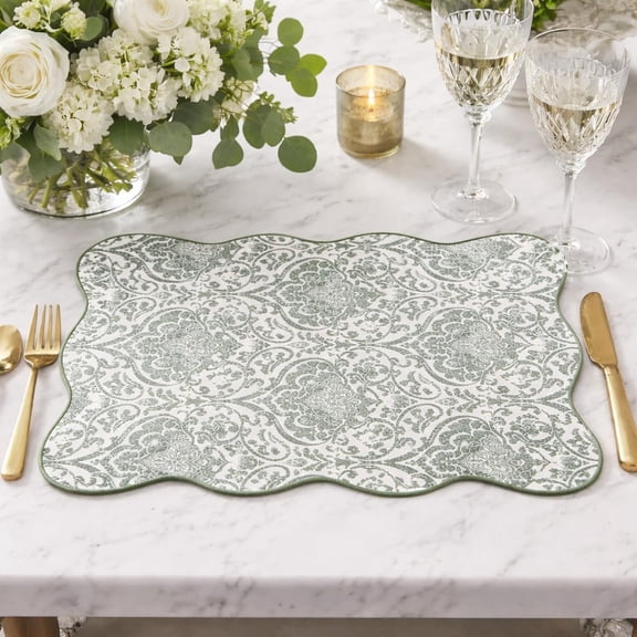 Fennco Styles Sage Damask Scalloped Placemats 12" x 18", Set of 4 – Vintage-Inspired Design Decorative Table Mats for Holidays, Family Gatherings, Kitchen & Dining Décor