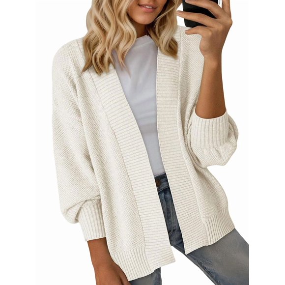 Women'S Fall Fashion: Front-Open Long-Sleeved Knitted Cardigan Sweater Cream White XXL