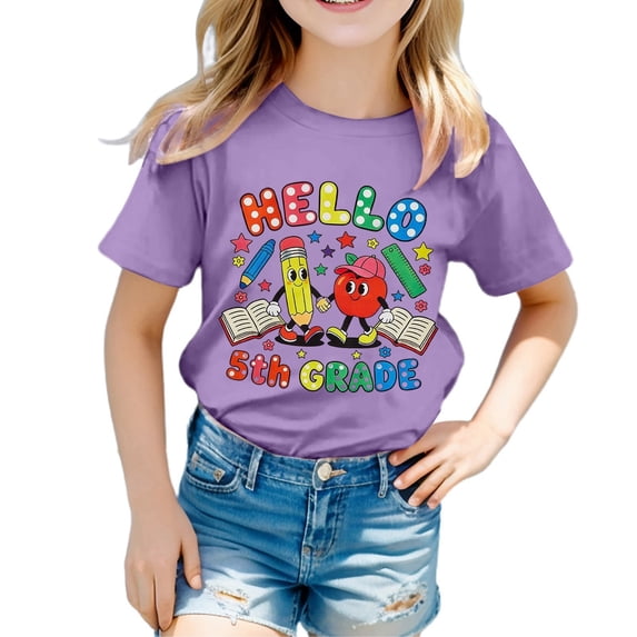 School Uniform Tshirts Girls Printed Crewneck T Shirt Short Sleeve Casual Summer Top Boys Graphic Tees Purple 1-2 Years