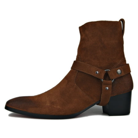 OSSTONE Dress Boots Chelsea Designer Boots for Men Zipper-up Leather Casual Heel Shoes JY002-Brown-Suede-Belt-11.5 Belt Suede Brown