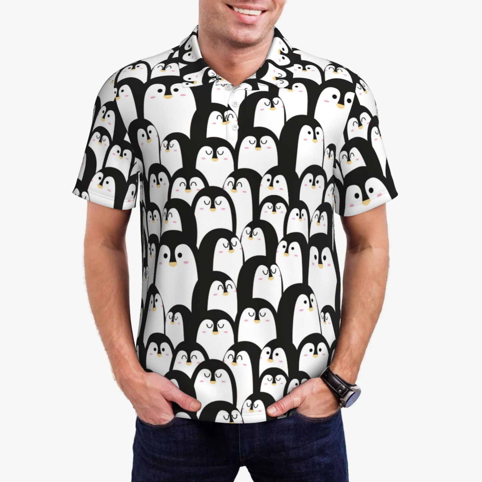Rocae Cartoon Penguin for Men's Short Sleeve Polo Shirt, Quick