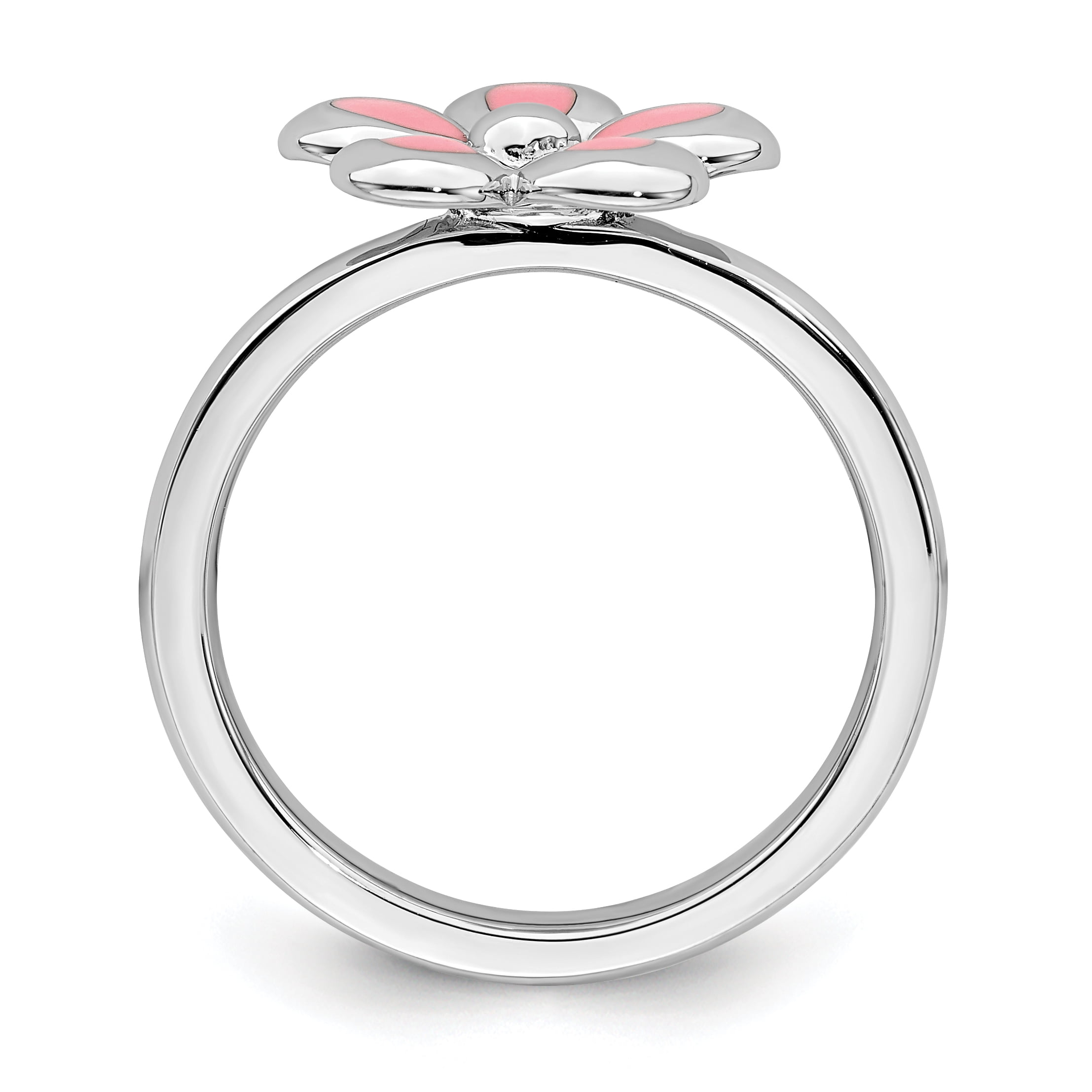 Sterling Silver Polished Pink Enameled Flower Ring