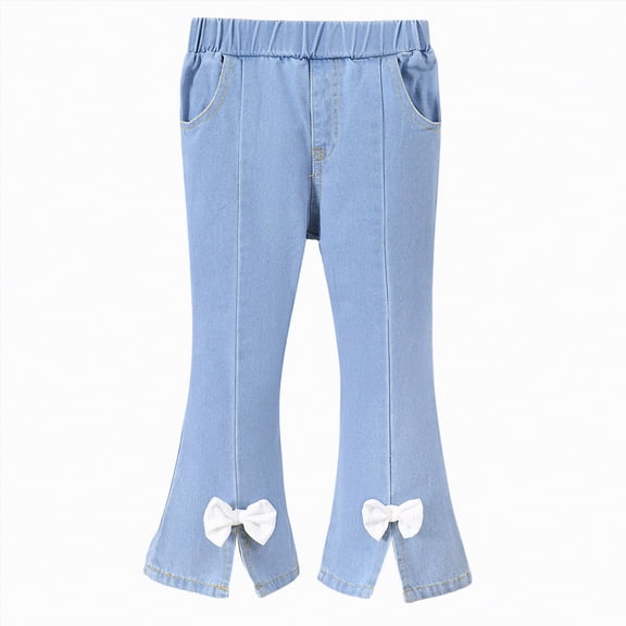 Gubotare Kid Jeans Girl's Hem Flare Jeans Long Bottom Wide Leg Denim Pants with Pockets Size 7 (Blue,7 Years)