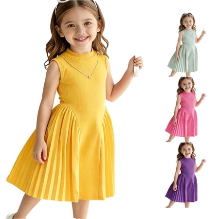 WDDDD Girls Pleated Fitted Sleeveless Formal Party Dress with Necklace Yellow 5-6 Years