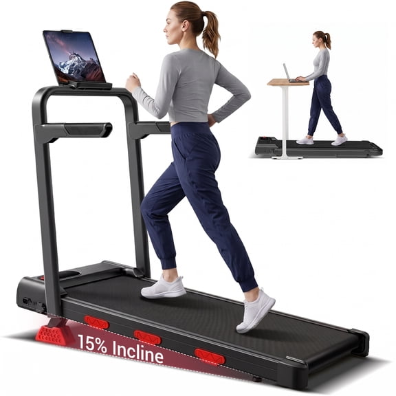 CURSOR FITNESS Under Desk Walking Pad with 15% Incline & Adjustable Handlebars, 2.5HP, 6.2 MPH Folding Treadmill for Home,300 lbs Capacity