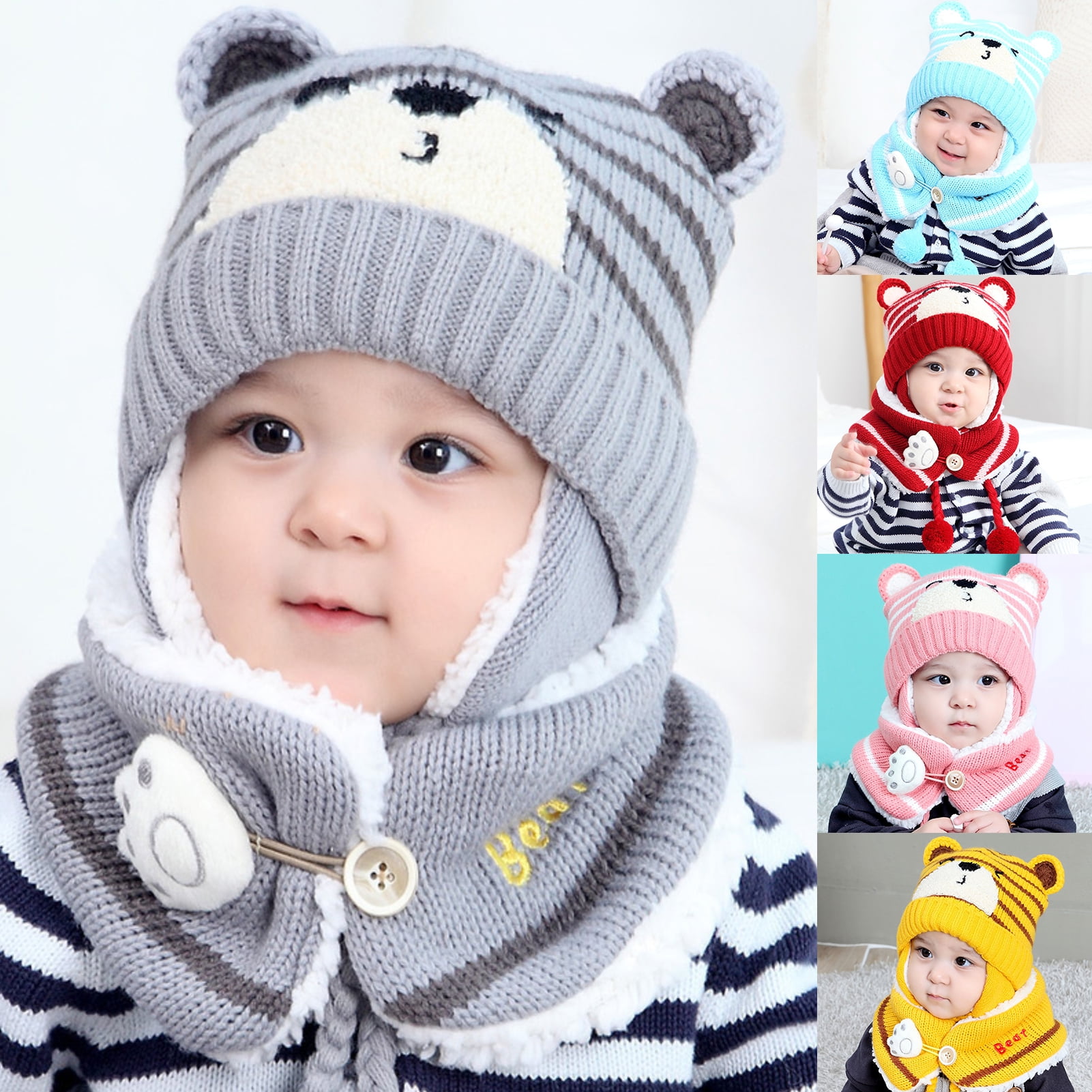 GEMVIE 2 Pcs Baby Knit Beanie Hat Scarf Set,Toddler Kids Cute Dinosaur Earflap Hat and Neck Warmer Winter Pom Hat