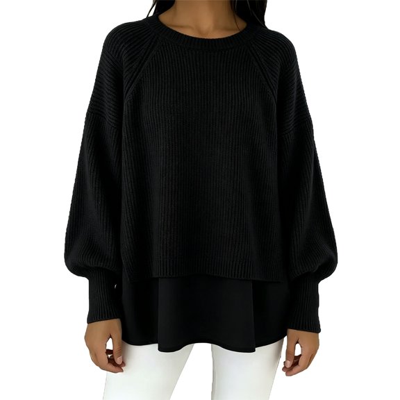 Women's Top Long Sleeve Round Neck Solid Oversized Loose Ribbed Hem Knitted Sweater