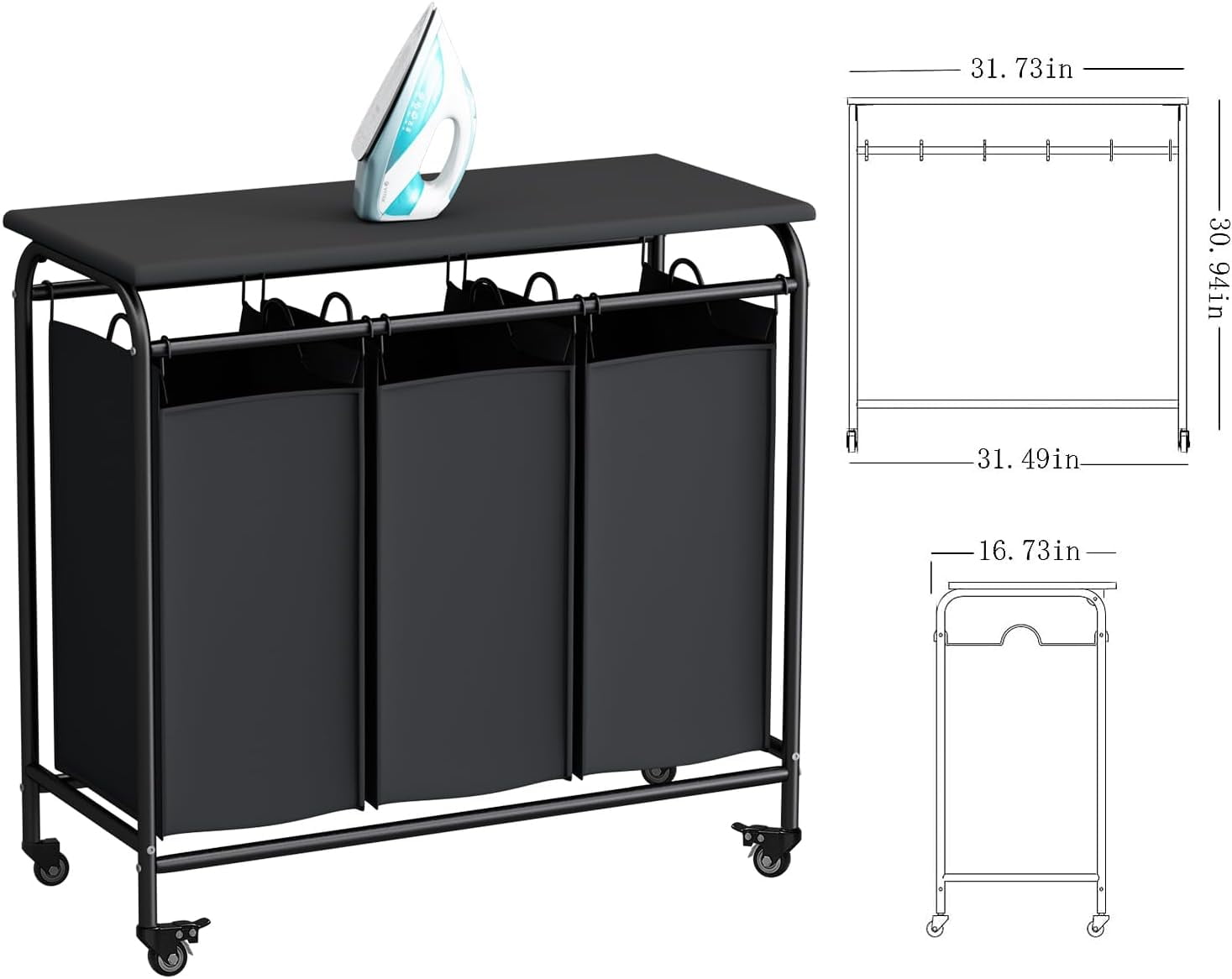 3 Bag Laundry Basket Sorter Heavy Duty Rolling Lockable Wheels Laundry Hamper Cart with Ironing Board and Removable Bags, Black
