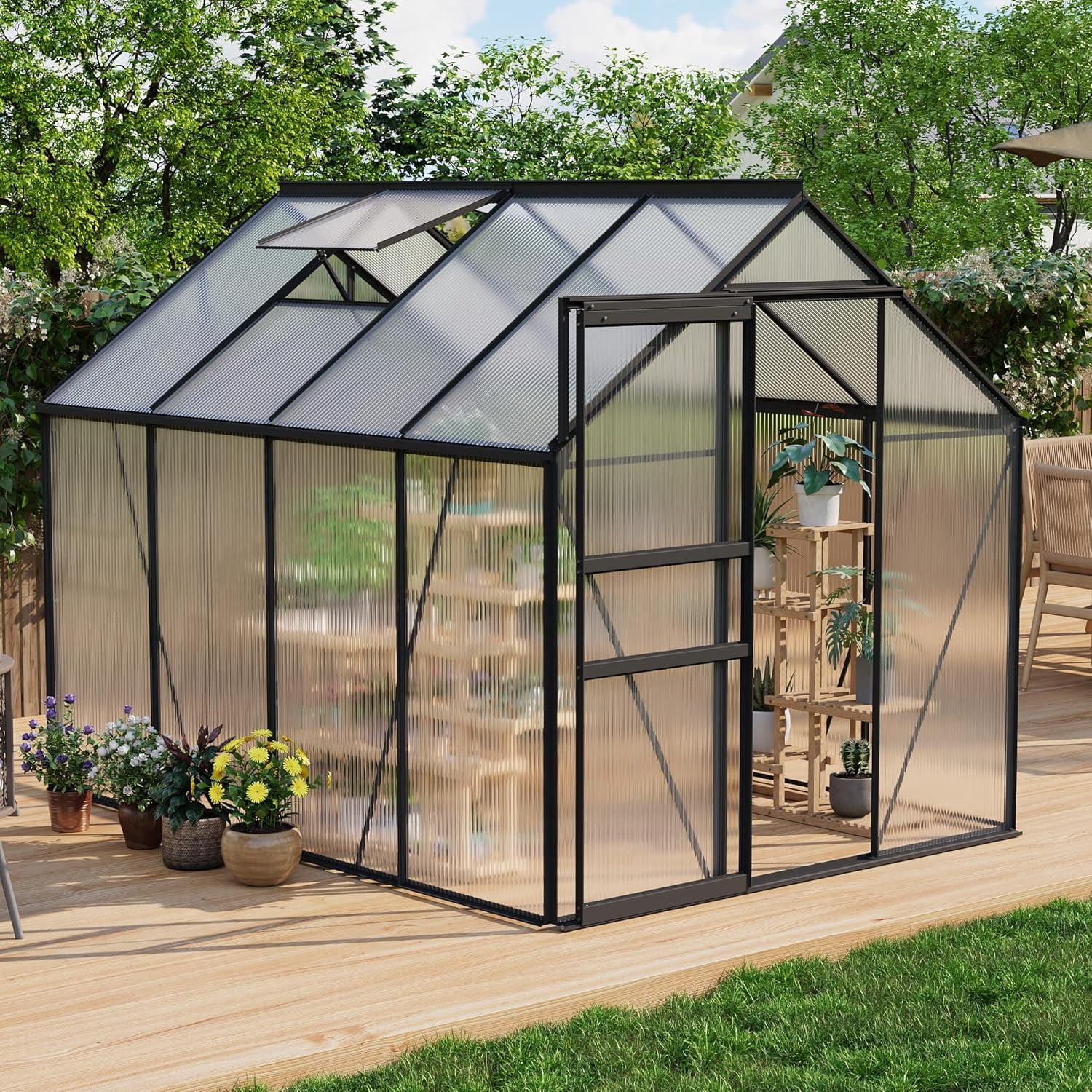 All-Season Polycarbonate Walk-In Greenhouse 6x8 FT – Durable Aluminum Frame, Sliding Door, Adjustable Roof Vent, Rain Gutter – Ideal for Outdoor Garden, Patio, Backyard – 8-Black