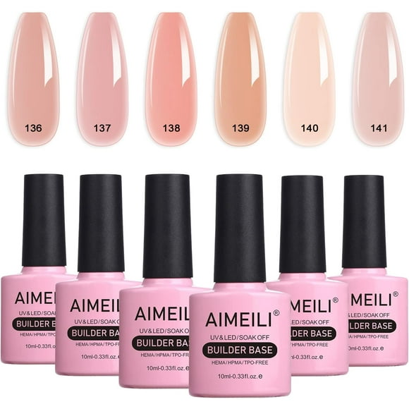 TRAHOO-5in 1 Builder Base Clear Sheer Color Gel, No Need Slip Solution Builder Extension, Soak Off Gel Nail Polish 6pcs X 10ml - Kit Set 34