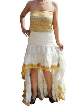 Mogul Women's High Low Dress Recycled Silk Ruffle Tiered Design Summer Trendy Printed Flowy Strapless Gypsy Hippie Chic Bohemian Sundress M/L