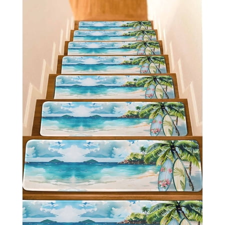 Summer Beach Stair Treads for Wooden Steps Indoor Runner Rug Carpet Tropical Coastal Palm Tree Surfboard 4 Pieces Peel and Stick Staircase Step Treads Covers Washable Throw Door Mats 30 x8