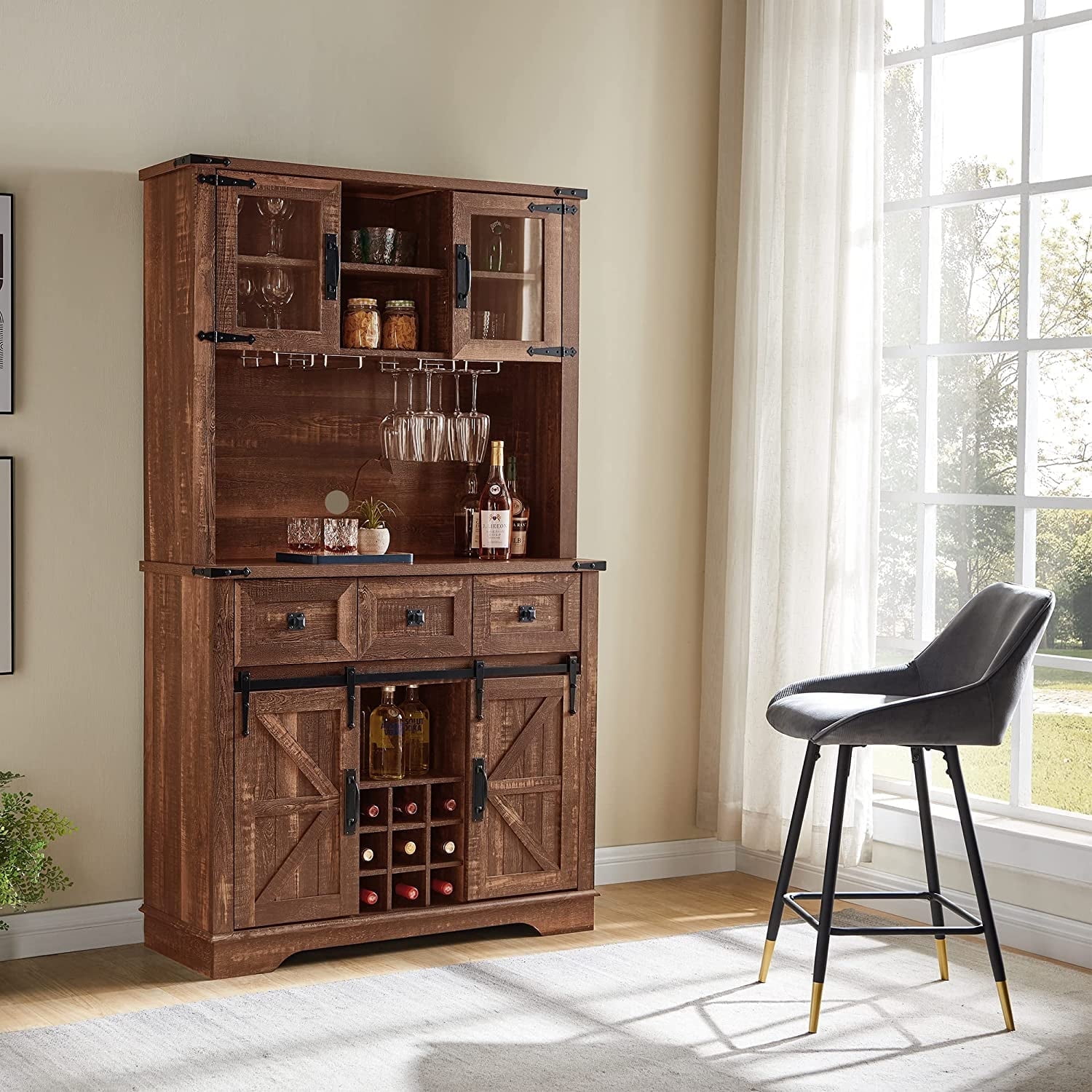 OKD Farmhouse Wine Storage Cabinet Wooden Bar with 3 Drawers Sliding Door Dark Rustic Oak Walmart