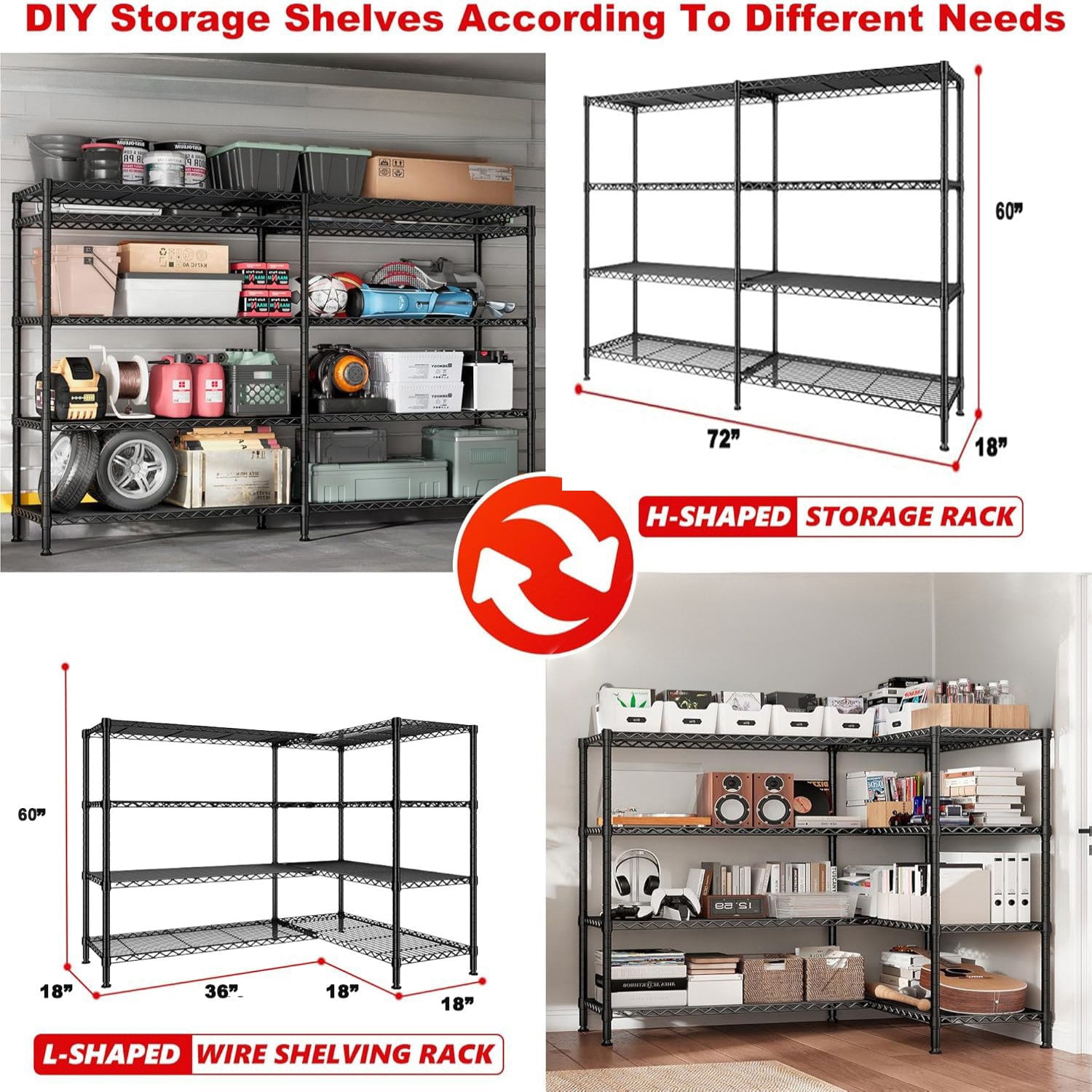 Sailvan 4-Tier Heavy Duty Metal Storage Rack,72"W x 18"D x 60"H Adjustable Wire Shelving Unit,1600 lbs Capacity Garage Pantry Shelves,Black