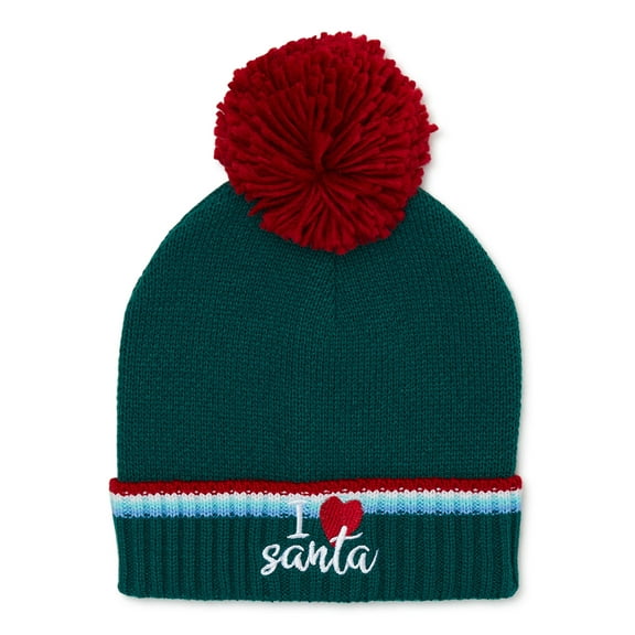 Christmas Pom Pom Beanie I Love Santa Green