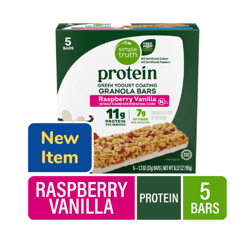 Simple Truth Protein Greek Yogurt Coating Raspberry Vanilla Granola Bars, 5 Count,2 Pack