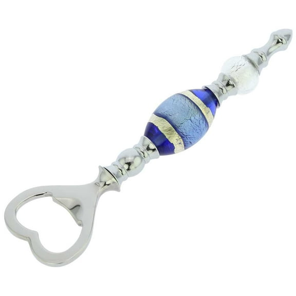 GlassOfVenice Italian Murano Glass Bottle Opener - Silver Blue Stripes