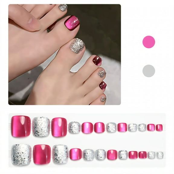 RAGUPEL 24Pcs Toe Press on Nails Square Short No-Shed Glitter Nail Sets Pearlescent Glitter Cute Nails with Comes and A Tool Bag for Women Style1