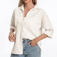 thumbnail image 5 of Kovlvoll Womens Long Sleeve Tops Cotton Linen Lapel Collared Button up Shirts Summer Lightweight Solid Color T-Shirt, 5 of 7