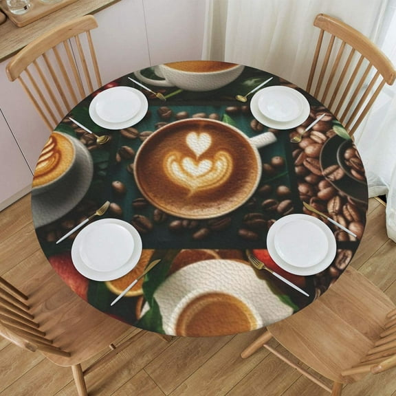 Round Fitted Tablecloth with Elastic Coffee Collage-1 Fitted Table Covers for Round Tables Waterproof Reusable Vinyl Table Cloth for Indoor and Outdoor 40"-48" ,24ju26caA141