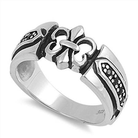 Fleur De Lis Solid Ring - Black Simulated CZ Fleur de Lis Lily Polished Ring ( Sizes 7 8 9 10 11 12 ) Sterling Silver Thumb Band Rings by Sac Silver (Size 11)