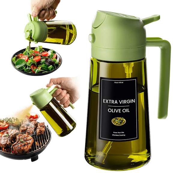 CXINYI 16 oz Glass Olive Oil Dispenser for Kitchen, 2 in 1 Oil Sprayer Bottle for Cooking, Salad, BBQ and Frying, Green