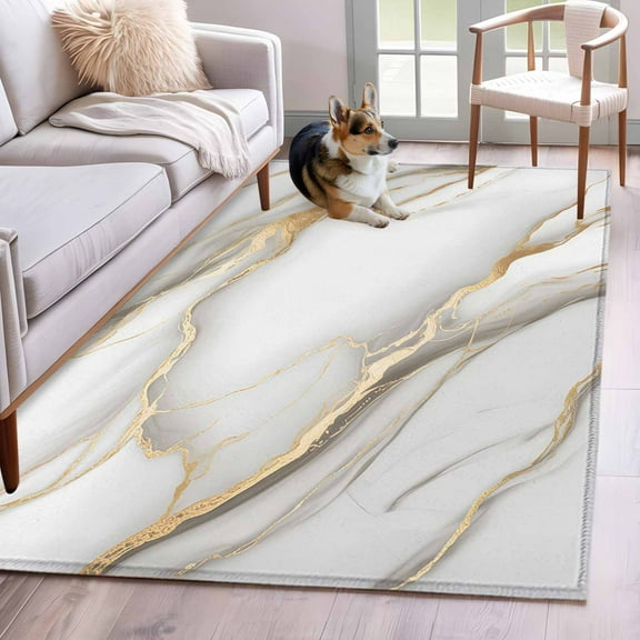 White Golden Marble Area Rug 3x5 Washable Rug Non Slip Modern Abstract Art Marble Large Area Rug Indoor Floor Carpet for Entryway Bedroom Kitchen Living Room Home Office Dining Room Nursery