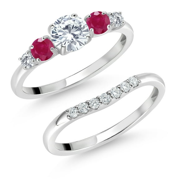 Gem Stone King 10K White Gold White Lab Grown Diamond and Red Ruby 5 Stone Bridal Engagement Wedding Ring Set for Women (0.92 Cttw, Round: 5MM and 3MM, Size 8)