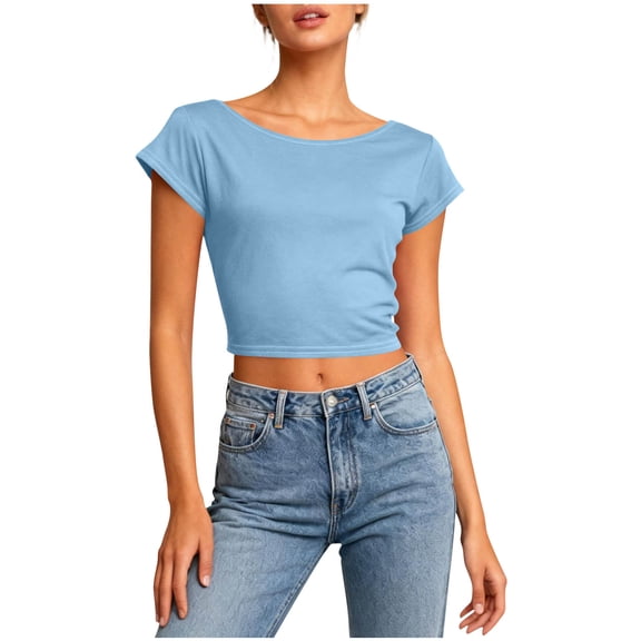 Cavosen Cotton Line T Shirts for Women Short Sleeve Crew Neck Cut Out Shirt Backless Solid Lightweight Cropped Tees Breathable Summer Vacation Tops