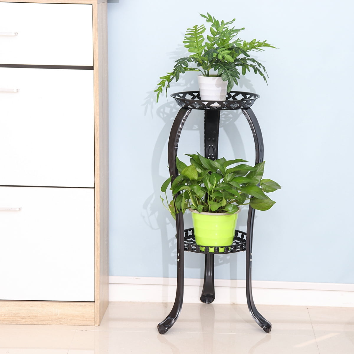 DAZONE Demountable Metal 2 Tiers Plant Rack Indoor Floor Model Potted Plant Stand Black 