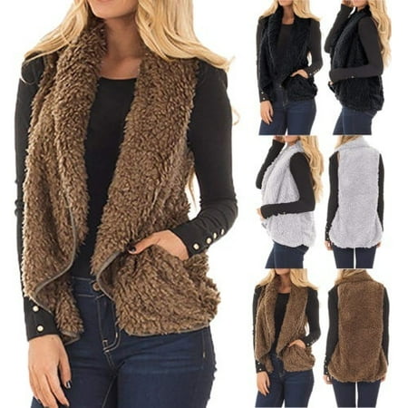 Fleece Print Vest - High Quality Winter Warm Pocket Fluffy Coat for Women Ladies Fleece Fur Jacket Outerwear Vest Coat