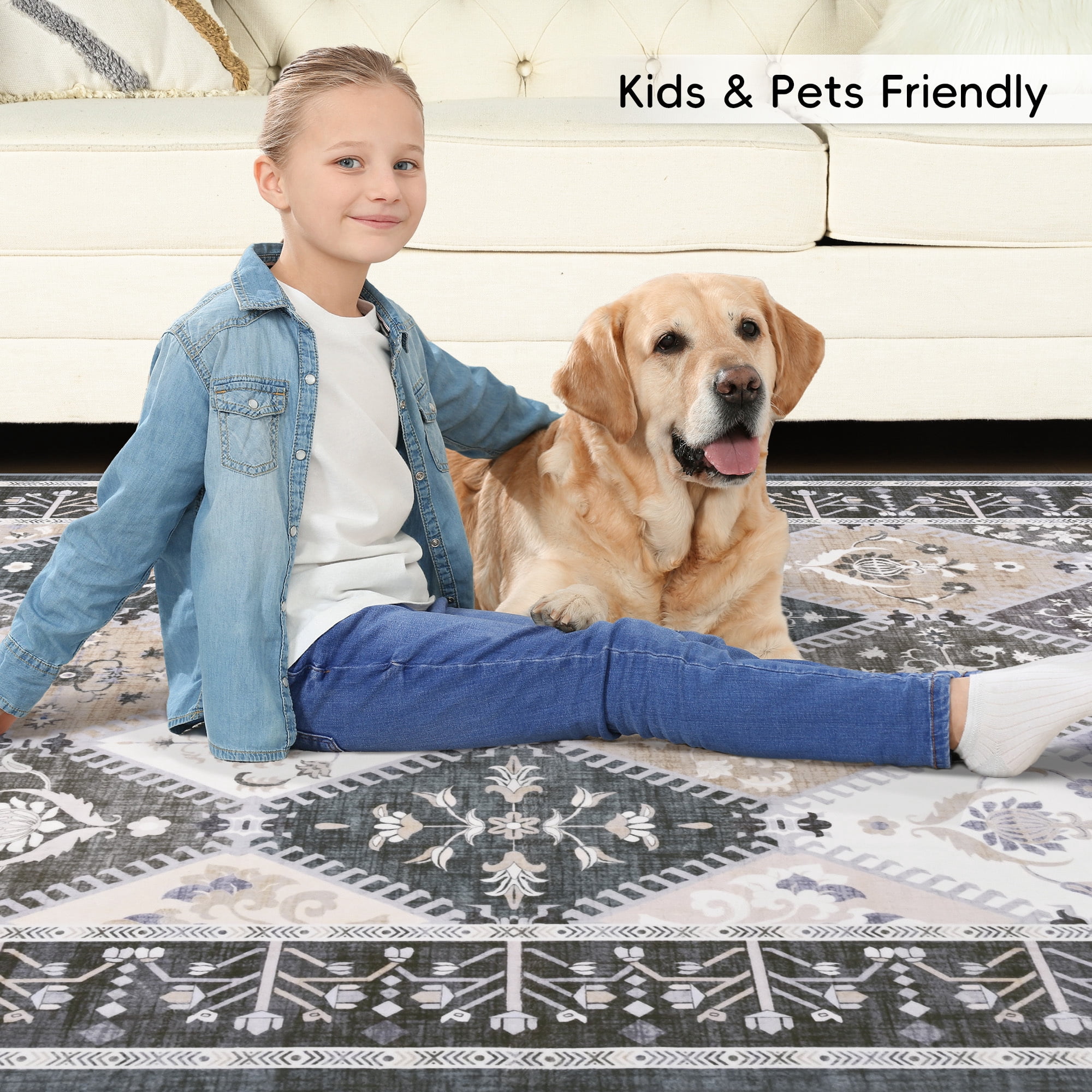Wondo Moroccan Vintage Trellis Area Rug - Machine Washable Non-Slip Low-Profile 5x8 Floor Carpet for Living Room, Bedroom, Dining Room, Office & Nursery, Gray