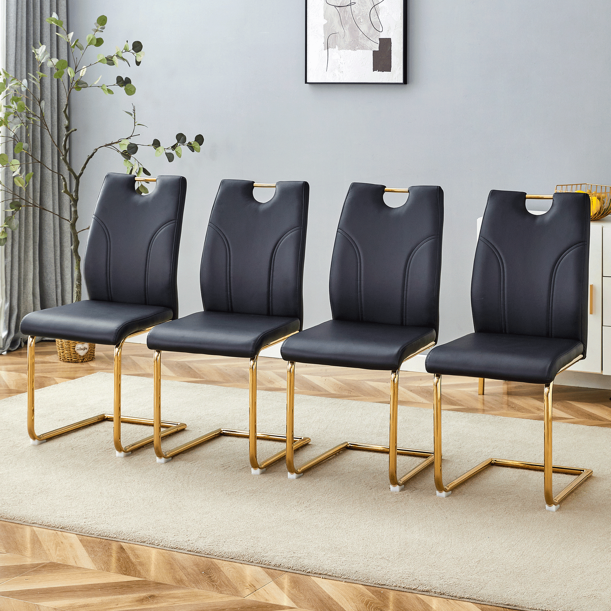 NYEESS Set of 4 Black PU Dining Chairs with Gold Metal Legs, Modern Upholstered Seating for Kitchen or Office