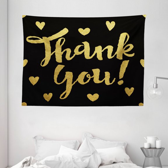 Thank You Tapestry, Cursive Lettering with Sweet Hearts on Dark Background, Wall Hanging for Bedroom Living Room Dorm Decor, 80"W X 60"L,Pale Earth Yellow and Charcoal Grey, by Ambesonne