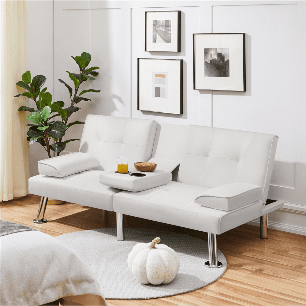 Yaheetech Modern Faux Leather Convertible Futon Sofa Bed with Cup Holders, White