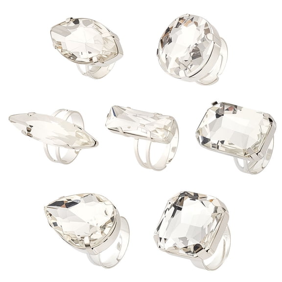7Pcs Rhinestone Finger Rings Knuckle Rings Set Geometric Platinum Stackable Large Sparkling Rhinestone Ring Circle Drop-shaped Square Oval Jewelry