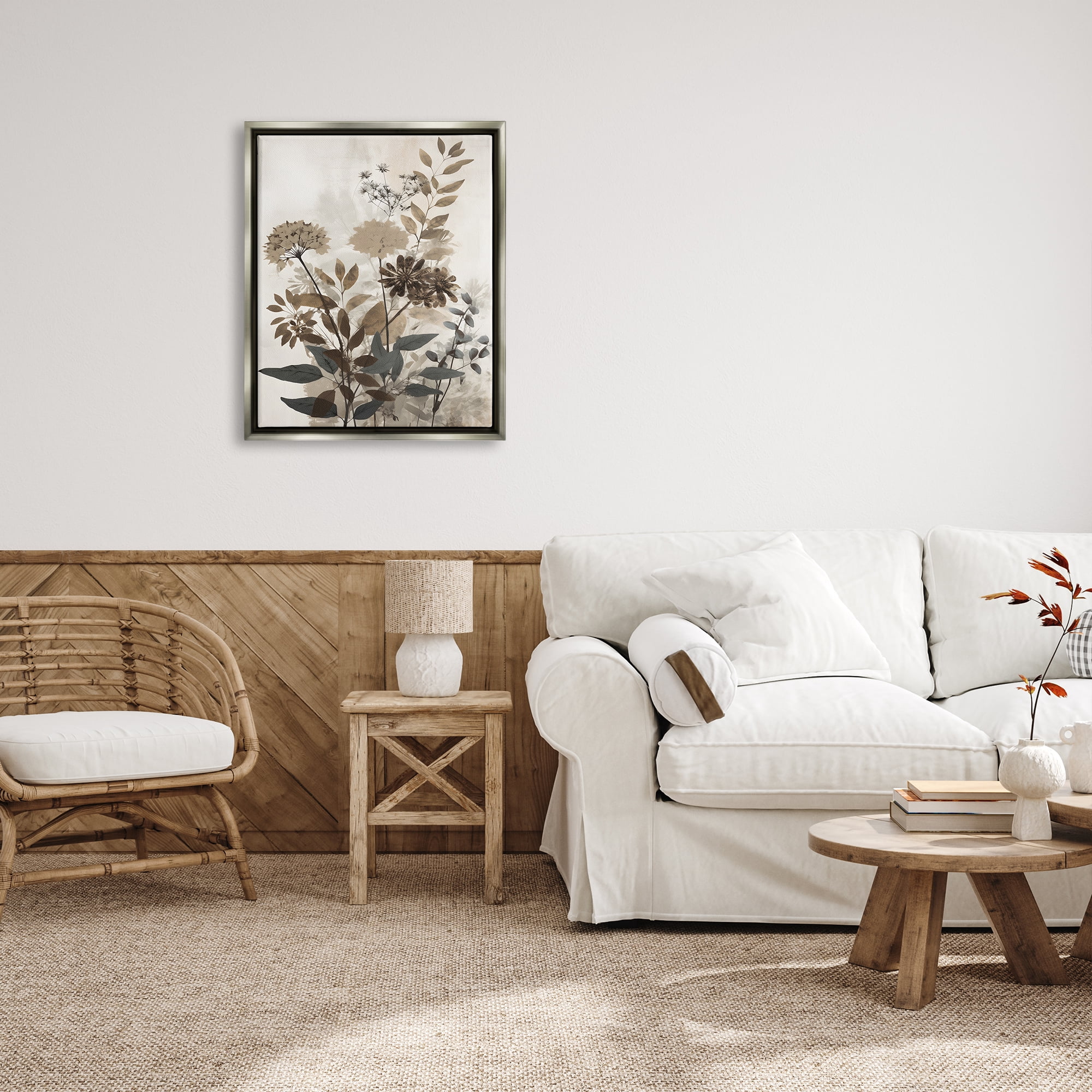 Stupell Industries Rustic Wild Foliage Botanical & Floral Painting Gray Floater Framed Canvas Art Print Wall Art, 25 x 31