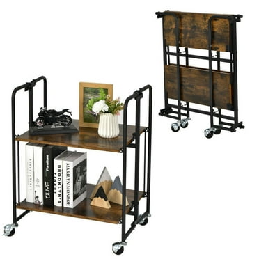 Finihen Rolling Cart, Kitchen Island Cart, Folding Rolling Cart with Metal Frame-2-Tier, for Kitchen, Dining Room, Rustic brown